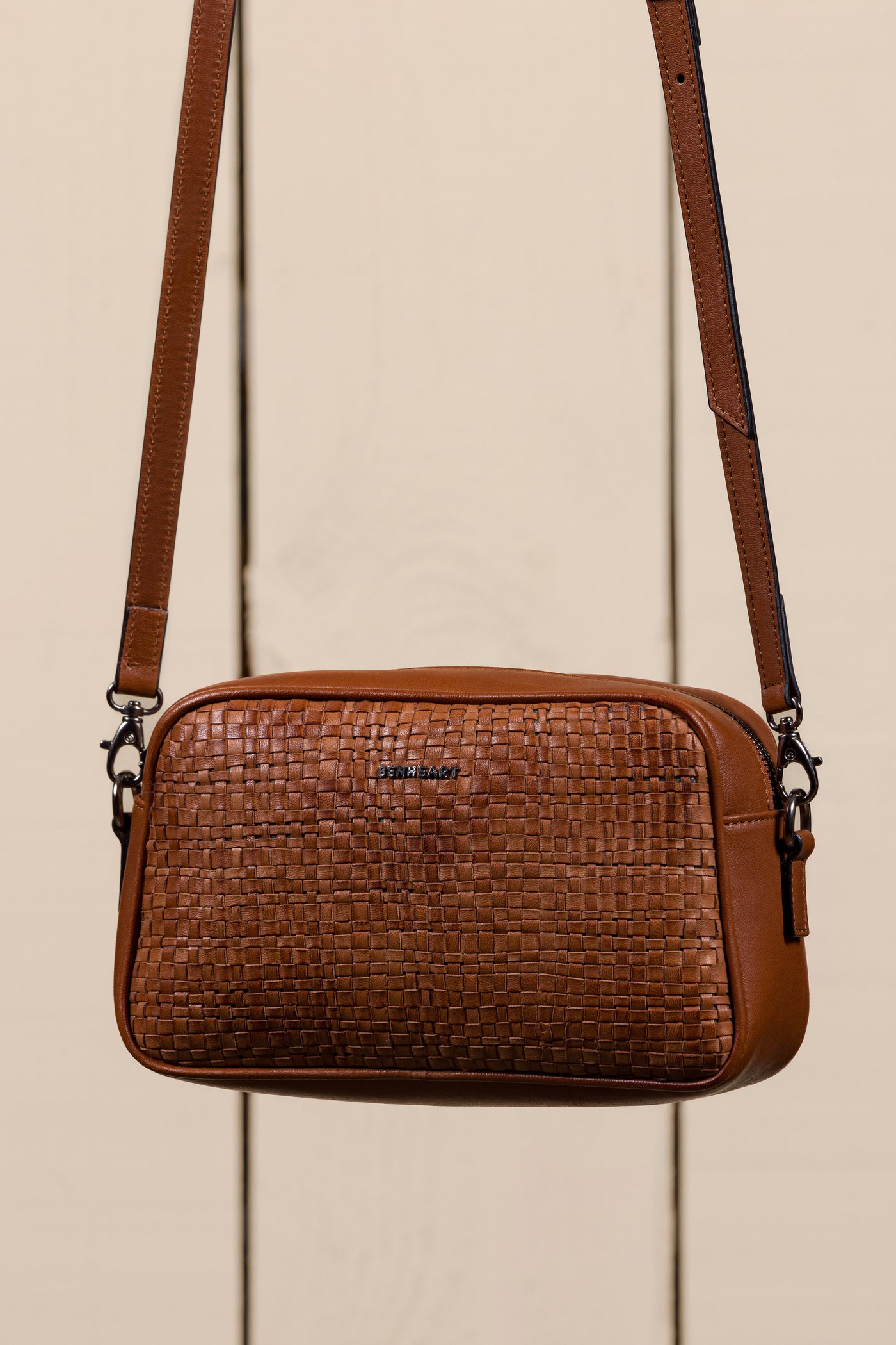 Front angled view of Afef Medium cuoio leather crossbody bag by Benheart.