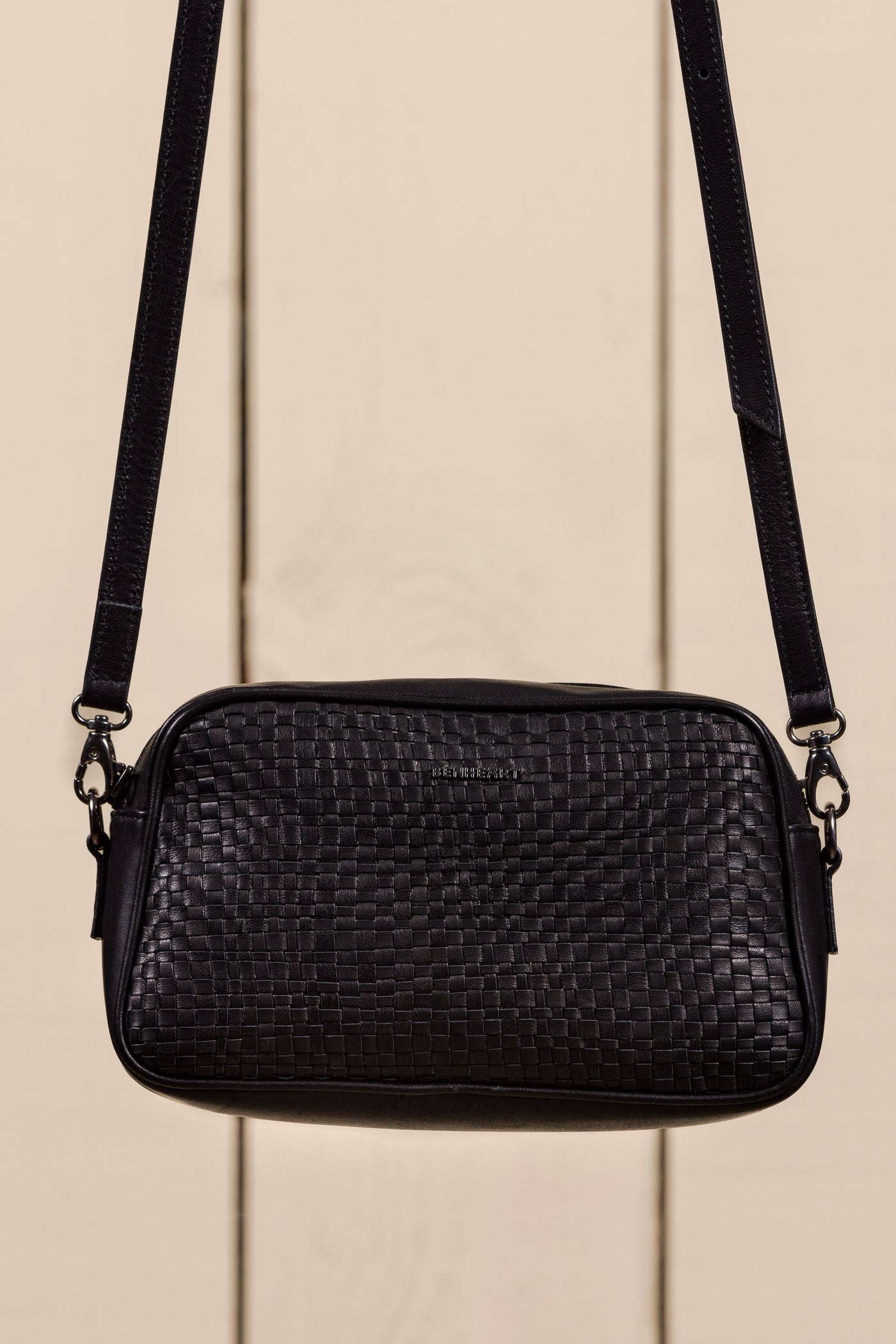 Front view of Afef Medium black leather crossbody bag by Benheart.