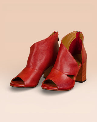 Front view of Aria V443 women's porpora buffalo leather block heel sandals with open toe and overlapping front design.