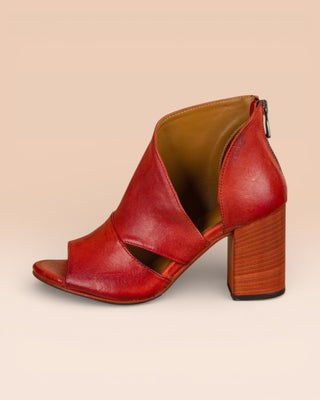 Side angled view of Aria V443 women's porpora leather block heel sandals with open toe and front overlay.