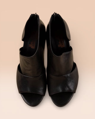 Front angled view of Aria V443 women's black buffalo leather block heel sandals by Benheart.