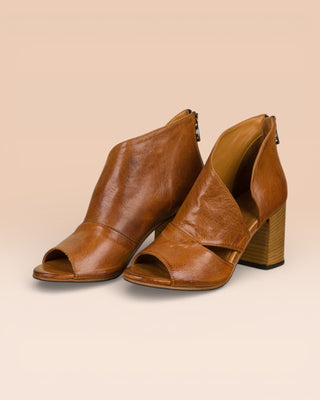 Front view of Aria V443 women's block heel sandals in cerro buffalo leather with open toe and overlapping front design