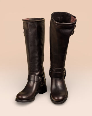 Benheart Maria 994 women's testa di moro leather boots with buckles and harness strap, front angled and top view.