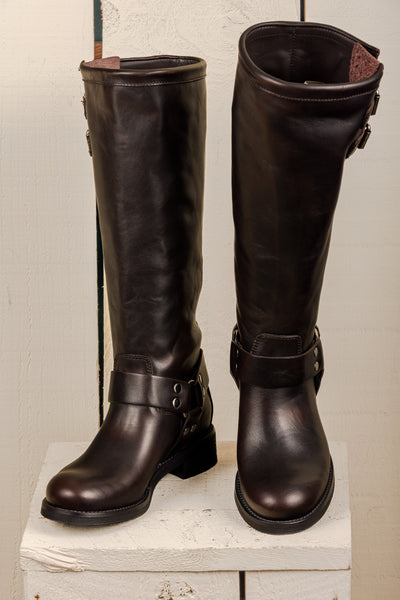 Benheart Maria 994 women's testa di moro leather boots with buckles and harness strap, front angled and top view.