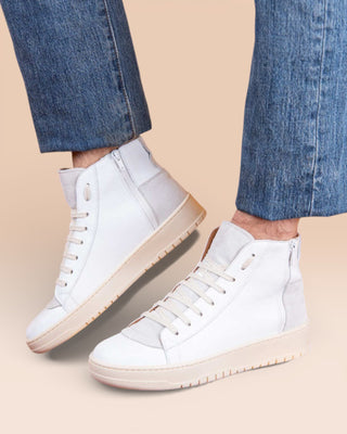 Benheart Bonetti 8473 Unisex White Leather High-Top Sneakers Worn by a Male Model.