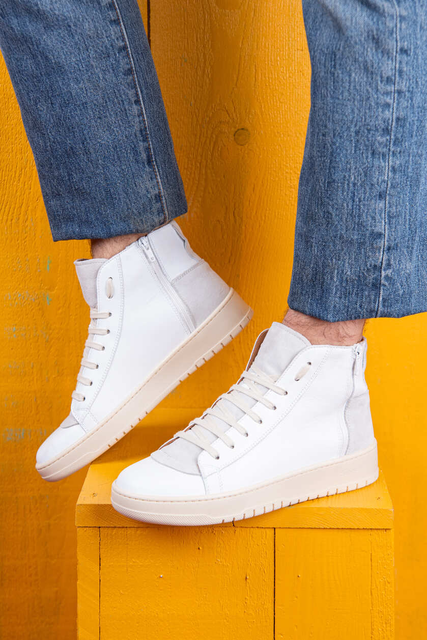 Benheart Bonetti 8473 Unisex White Leather High-Top Sneakers Worn by a Male Model.