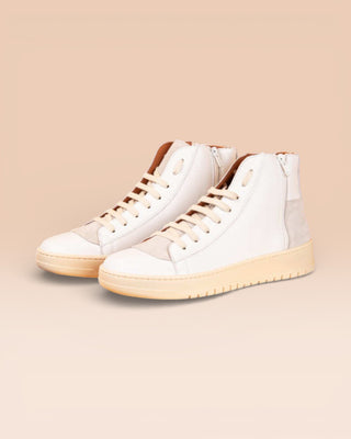 Benheart Bonetti 8473 unisex white leather high-top sneakers with rubber soles, front angled view.
