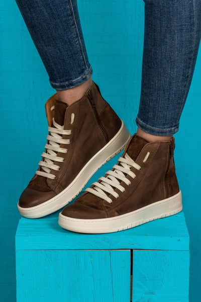 Benheart Bonetti 8473 Unisex Brown Leather High-Top Sneakers Worn by a Female Model.