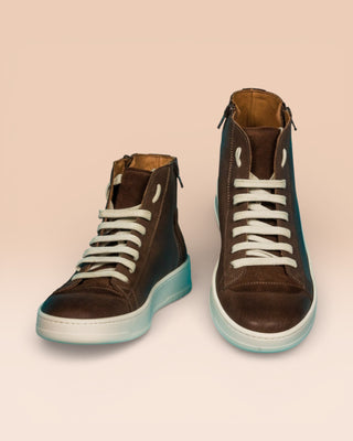 Benheart Bonetti 8473 unisex brown leather high-top sneakers with rubber soles, front angled and top view.