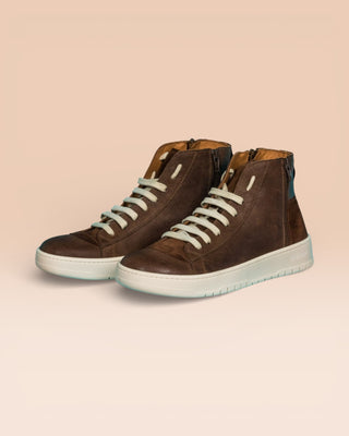 Benheart Bonetti 8473 unisex brown leather high-top sneakers with rubber soles, front angled view.