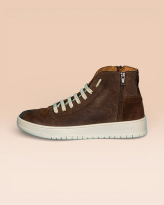 Benheart Bonetti 8473 unisex brown leather high-top sneakers with rubber soles, side view.