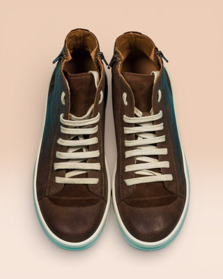 Benheart Bonetti 8473 unisex brown leather high-top sneakers with rubber soles, top view.