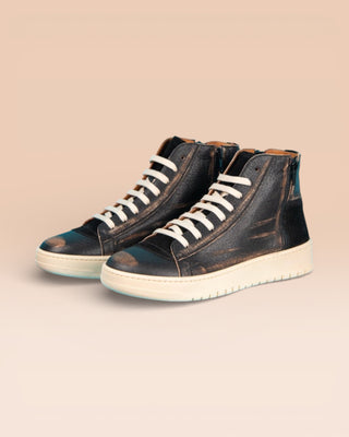Benheart Bonetti 8473 unisex black beige leather high-top sneakers with rubber soles, front angled view.