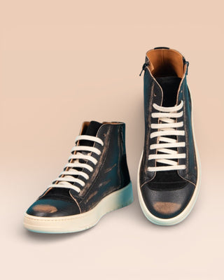 Benheart Bonetti 8473 unisex black beige leather high-top sneakers with rubber soles, front angled and top view.