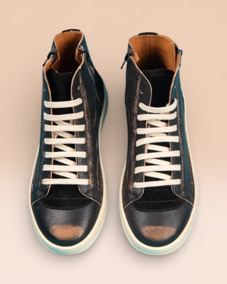 Benheart Bonetti 8473 unisex black beige leather high-top sneakers with rubber soles, top view.
