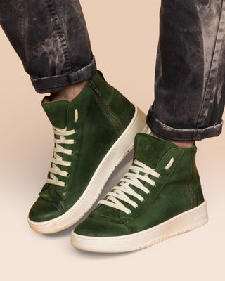Benheart Bonetti 8473 Unisex Green Leather High-Top Sneakers Worn by a Male Model.