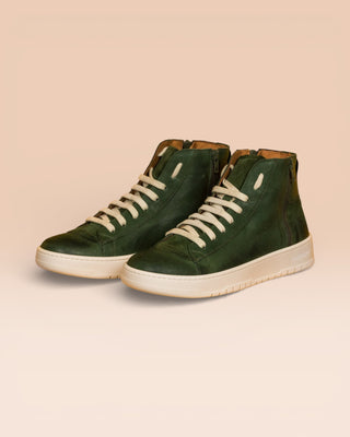 Benheart Bonetti 8473 unisex green leather high-top sneakers with rubber soles, front angled view.
