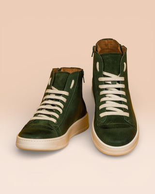 Benheart Bonetti 8473 unisex green leather high-top sneakers with rubber soles, front angled and top view.