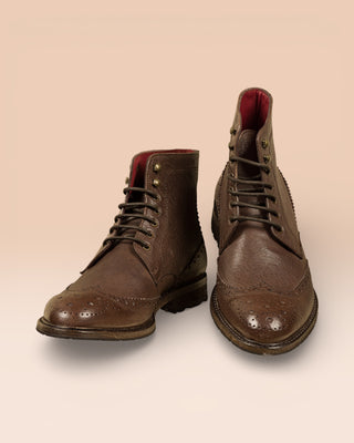 Front angled and top view of Benheart Daniel men’s brown leather lace-up brogue ankle boots with wingtip design