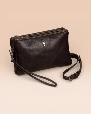 Front view of the Benheart Desert Pochette double-zip woven leather clutch in testa di moro, made in Italy.