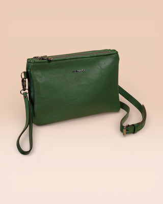 Front angled view of the Benheart Desert Pochette double-zip woven leather clutch in green, made in Italy.