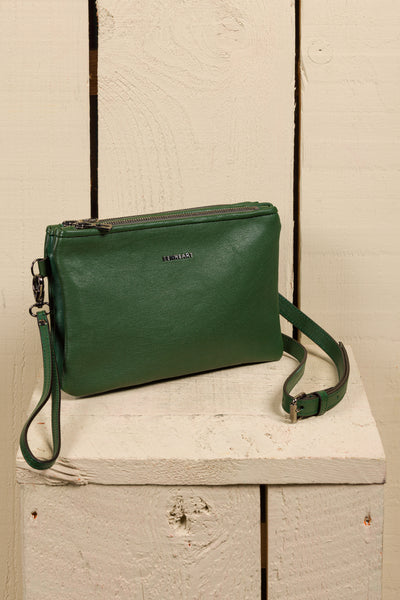 Front angled view of the Benheart Desert Pochette double-zip woven leather clutch in green, made in Italy.