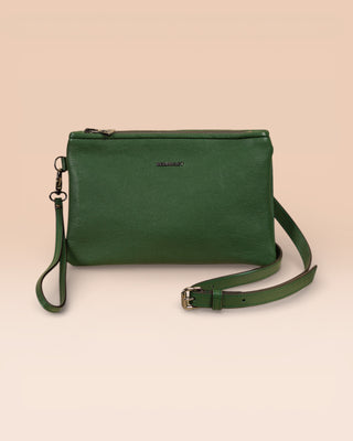 Front view of the Benheart Desert Pochette leather clutch in green, highlighting the two zippered compartments and adjustable shoulder strap.