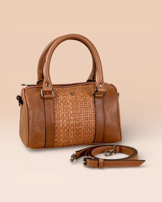 Benheart Dom Intrecciata tan leather bag, handcrafted in Florence, woven design with detachable shoulder strap, front view.