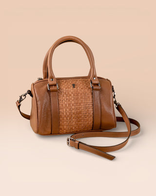 Benheart Dom Intrecciata tan leather bag, handcrafted in Florence, woven design, front angled view.