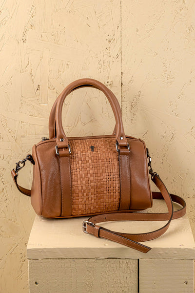 Benheart Dom Intrecciata tan leather bag, handcrafted in Florence, woven design, front angled view.