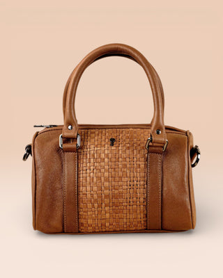 Front view of Benheart Dom Intrecciata tan leather bag, featuring woven central panel.