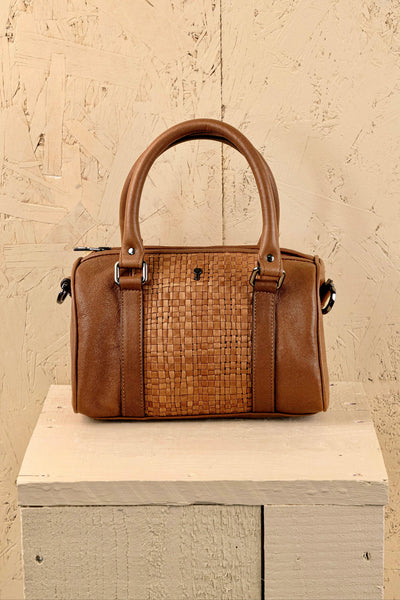 Front view of Benheart Dom Intrecciata tan leather bag, featuring woven central panel.