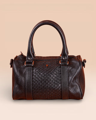 Front view of Benheart Dom Intrecciata black leather bag, featuring woven central panel.