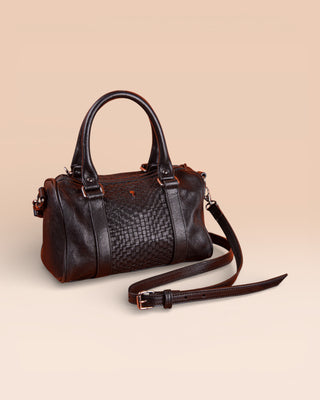 Benheart Dom Intrecciata black leather bag, handcrafted in Florence, woven design, front angled view.