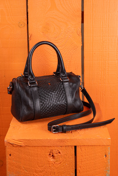 Benheart Dom Intrecciata black leather bag, handcrafted in Florence, woven design, front angled view.