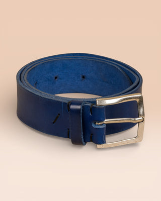Oblique front view of Benheart FIRENZE blue leather belt unisex 
