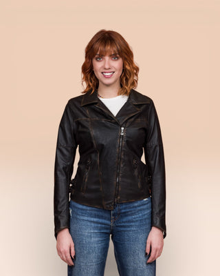 Handcrafted Fede beige leather biker jacket on model, front view, made in Florence.