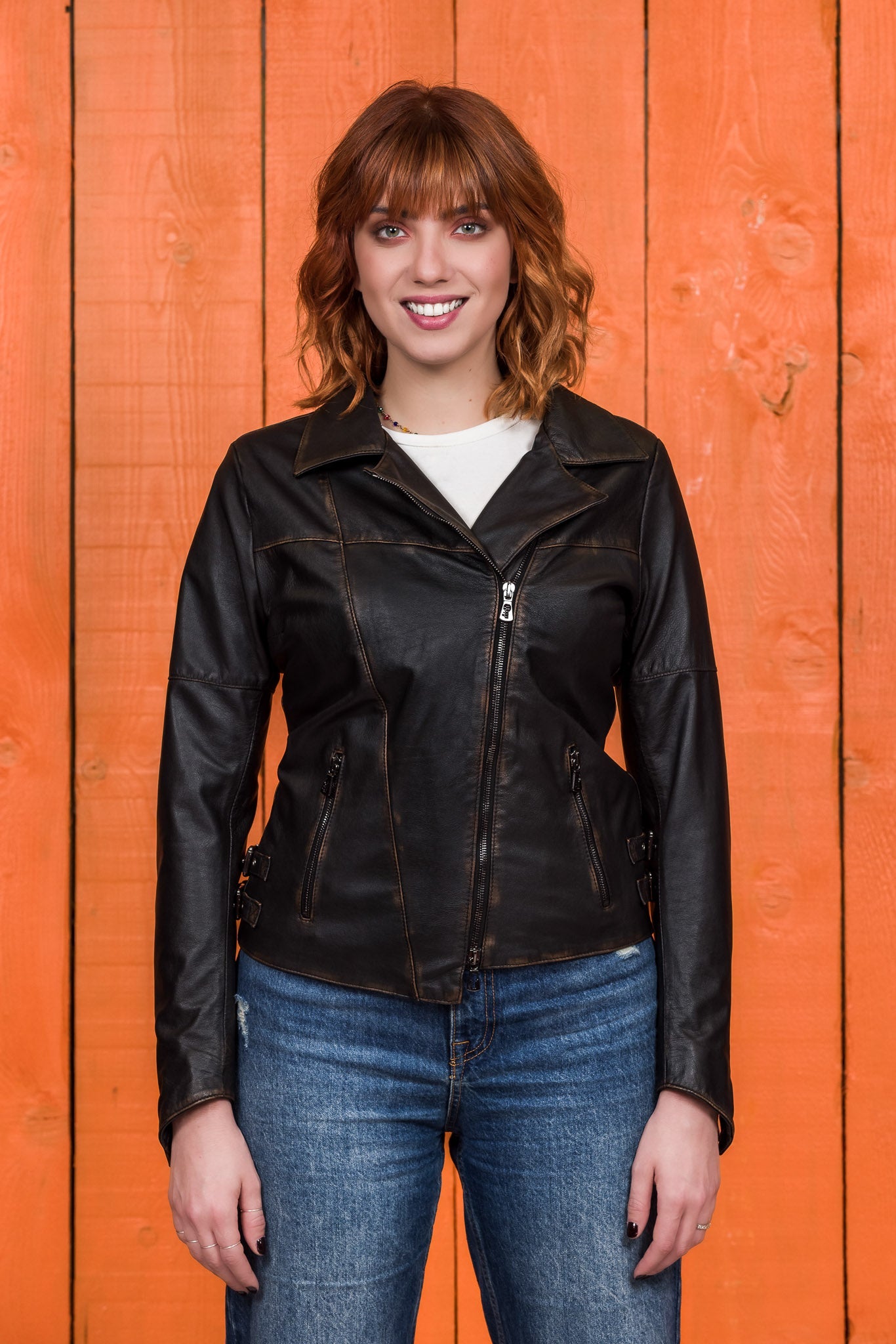 Handcrafted Fede beige leather biker jacket on model, front view, made in Florence.