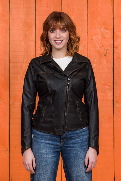 Handcrafted Fede beige leather biker jacket on model, front view, made in Florence.