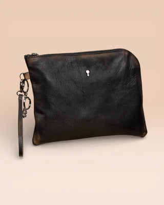 Benheart Gigi black beige leather pouch, handmade in Italy, angled front view.