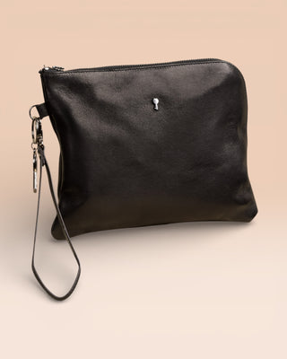 Benheart Gigi black leather pouch, handmade in Italy, angled front view.