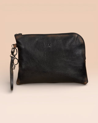 Benheart Gigi leather pouch in black beige, handcrafted in Italy, front view.