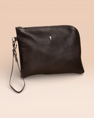 Benheart Gigi dark brown testa di moro leather pouch, handmade in Italy, angled front view.
