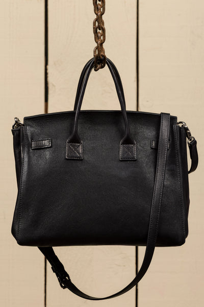 Ginevra Small Benheart black lamb leather bag, rear view showing handles and shoulder strap.