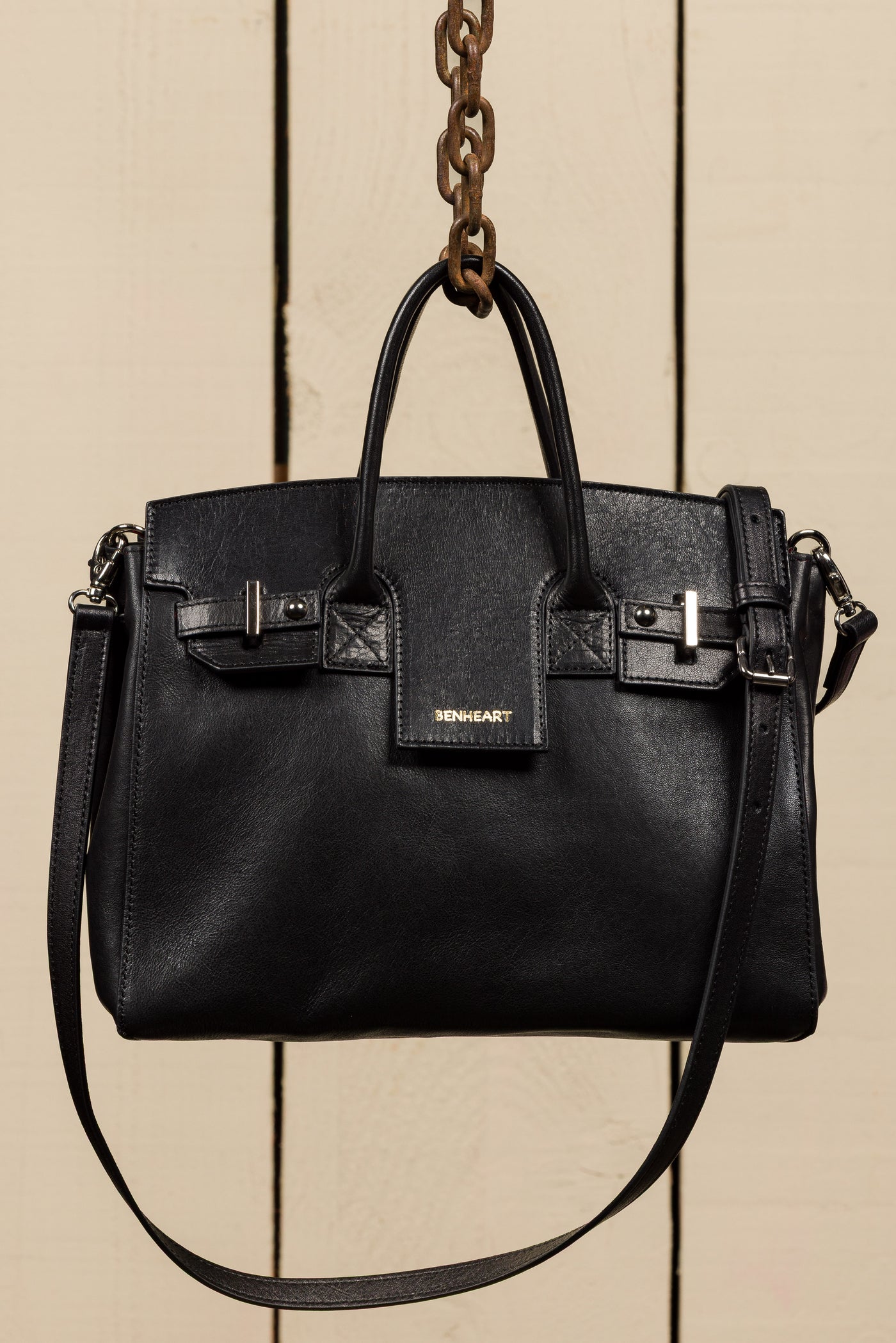 Front view of Ginevra Small black lamb leather bag with gold Benheart logo, handcrafted in Florence.