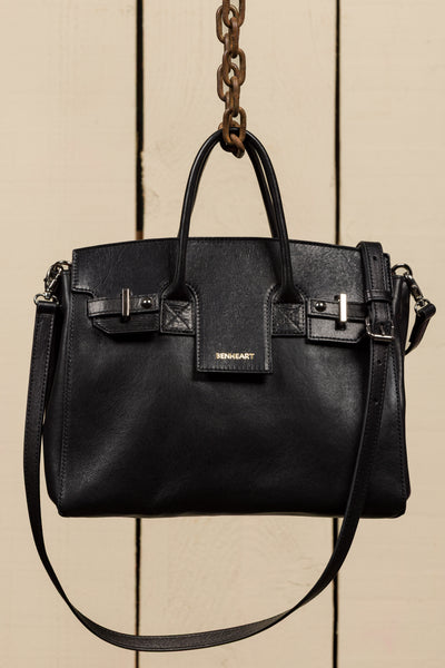 Front view of Ginevra Small black lamb leather bag with gold Benheart logo, handcrafted in Florence.