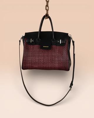 Front view of Ginevra Small Intrecciata woven leather bag in prugna (plum).
