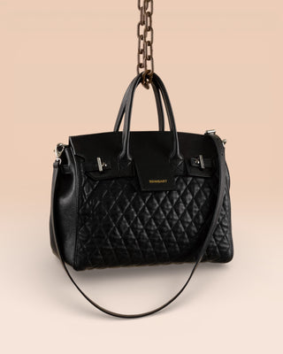 Ginevra Small Trapuntata women’s black quilted lamb leather handbag with gold Benheart logo, handmade in Italy