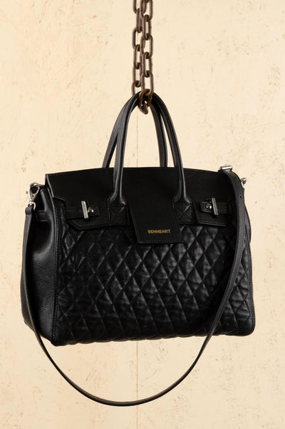 Ginevra Small Trapuntata women’s black quilted lamb leather handbag with gold Benheart logo, handmade in Italy