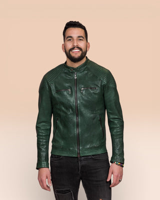 Front view of a model wearing the green Hich Limited leather jacket by Benheart, handcrafted in Florence, Italy.
